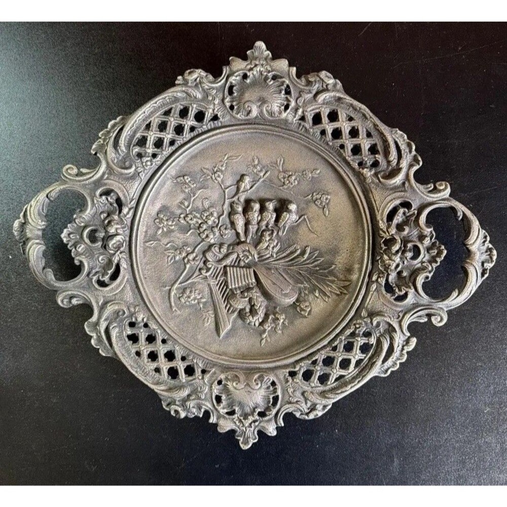 Russian Kasli Cast Iron Fruit Dish "Singing Birds" 40 cm AUTHENTIC